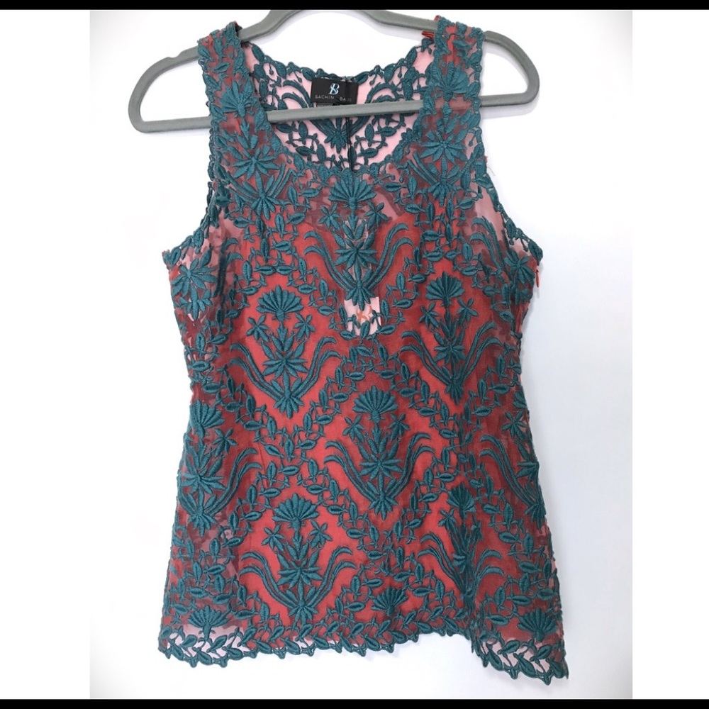 Sachin Babi Silk Isabel Lace Coral Blue Blouse